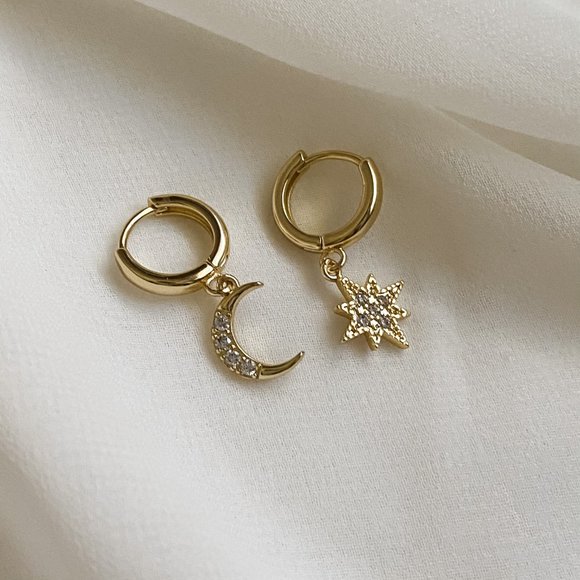 Gold S925 Northern Star Moon Huggie Hoop Earrings - Picture 5 of 9